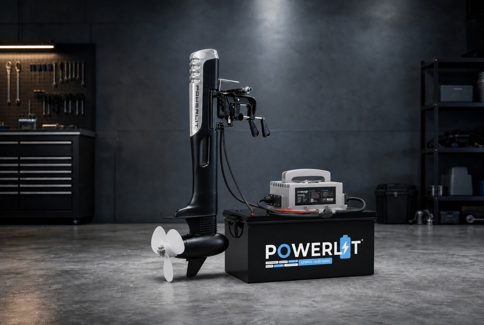 Powerlit elektrische vaarset, 48V motor, 48V accu en 48v lader